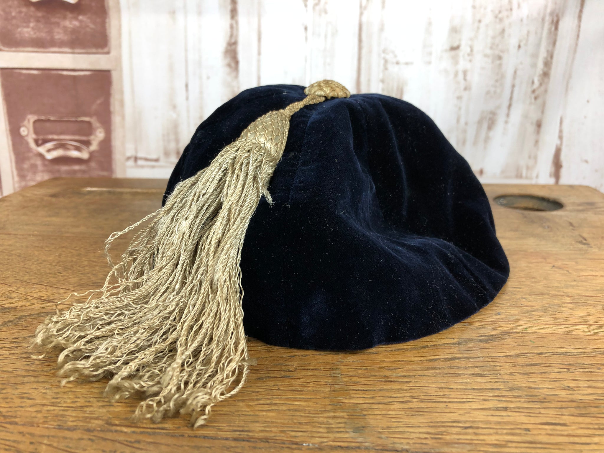 Gorgeous Original Late 1920s / Early 1930s Blue Velvet Smoking Cap With Huge Champagne Silver Tassel