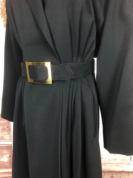 Original 1940s 40s Black Gab Gabardine Belted Princess Coat