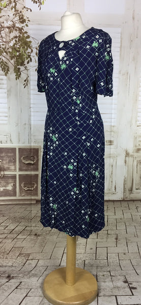 Original Late 1930s 30s Vintage Novelty Print Navy Blue Rayon Day Dress With Green Lattice And Butterflies And White Diamonds Volup
