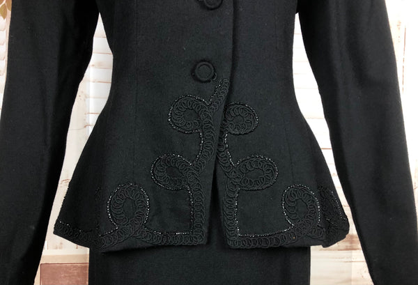 LAYAWAY PAYMENT 1 OF 3 - RESERVED FOR SABINE - Original 1940s 40s Vintage Black Femme Fatale Skirt Suit With Soutache Beaded Peplum