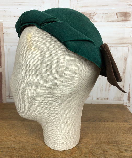 Super Cute Original 1930s Vintage Forest Green Cap With Rolled Brim