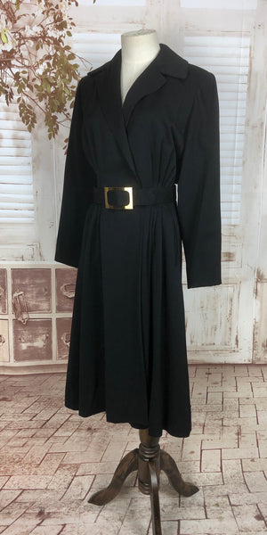 Original 1940s 40s Black Gab Gabardine Belted Princess Coat
