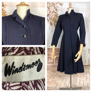 Unusual Original 1940s Vintage Navy Blue Princess Coat with Scarf Detail By Windsmoor