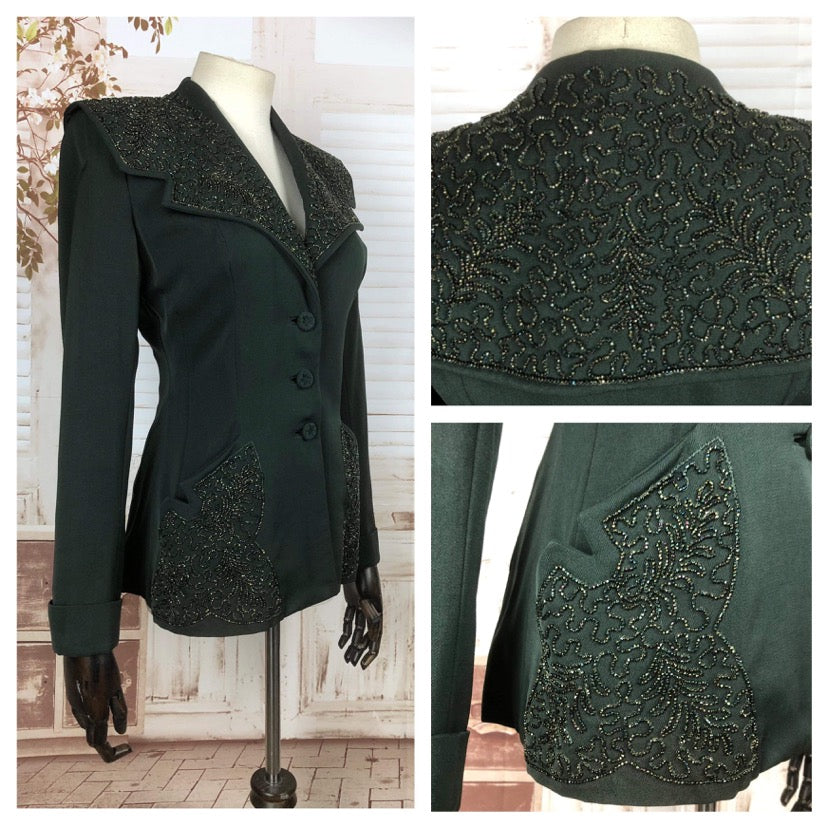 LAYAWAY PAYMENT 1 OF 2 - RESERVED FOR BRIANA - Incredible Original Vintage 1940s 40s Bottle Green Beaded Blazer By Ni-Nel