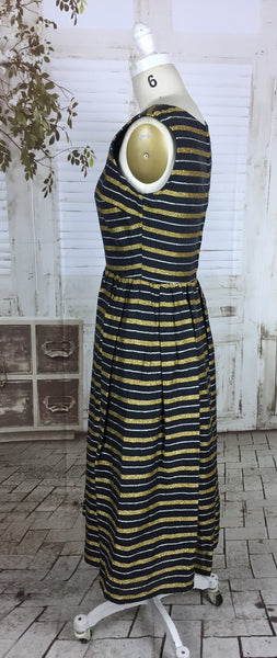 Original 1950s Black Silk Mix Dress With Silver And Gold Lurex Stripes By Trina Lewis