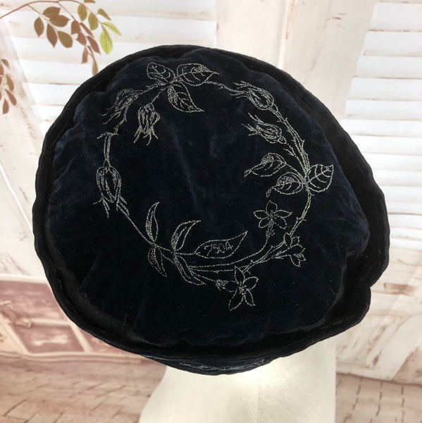Original 1930s 30s Vintage Black Velvet Smoking Cap Hat With Hand Painted Decoration