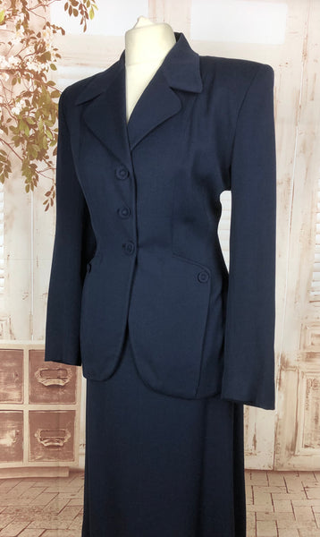 Original 1940s 40s Vintage Navy Blue Gabardine Skirt Suit By Stagnittos