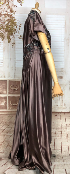 Incredible Original 1940s Vintage Beaded And Sequinned Mauve Liquid Satin Evening Dress With Matching Handbag