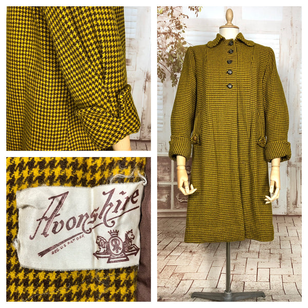 Incredible Original 1940s Volup Vintage Mustard Yellow And Brown Houndstooth Swing Coat