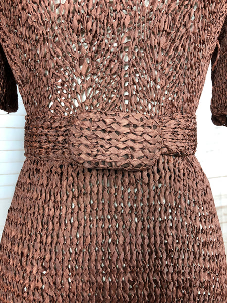 Stunning Original 1940s 40s Vintage Milk Chocolate Brown Belted Ribbon Knit Dress