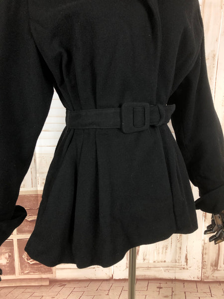 Original Vintage 1940s 40s Black Wool Wrap Belted Princess Jacket