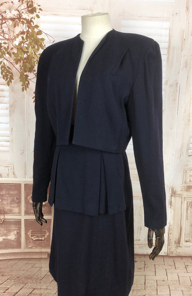 Original 1940s 40s Vintage Navy Blue Suit With Cropped Jacket And Peplum Skirt