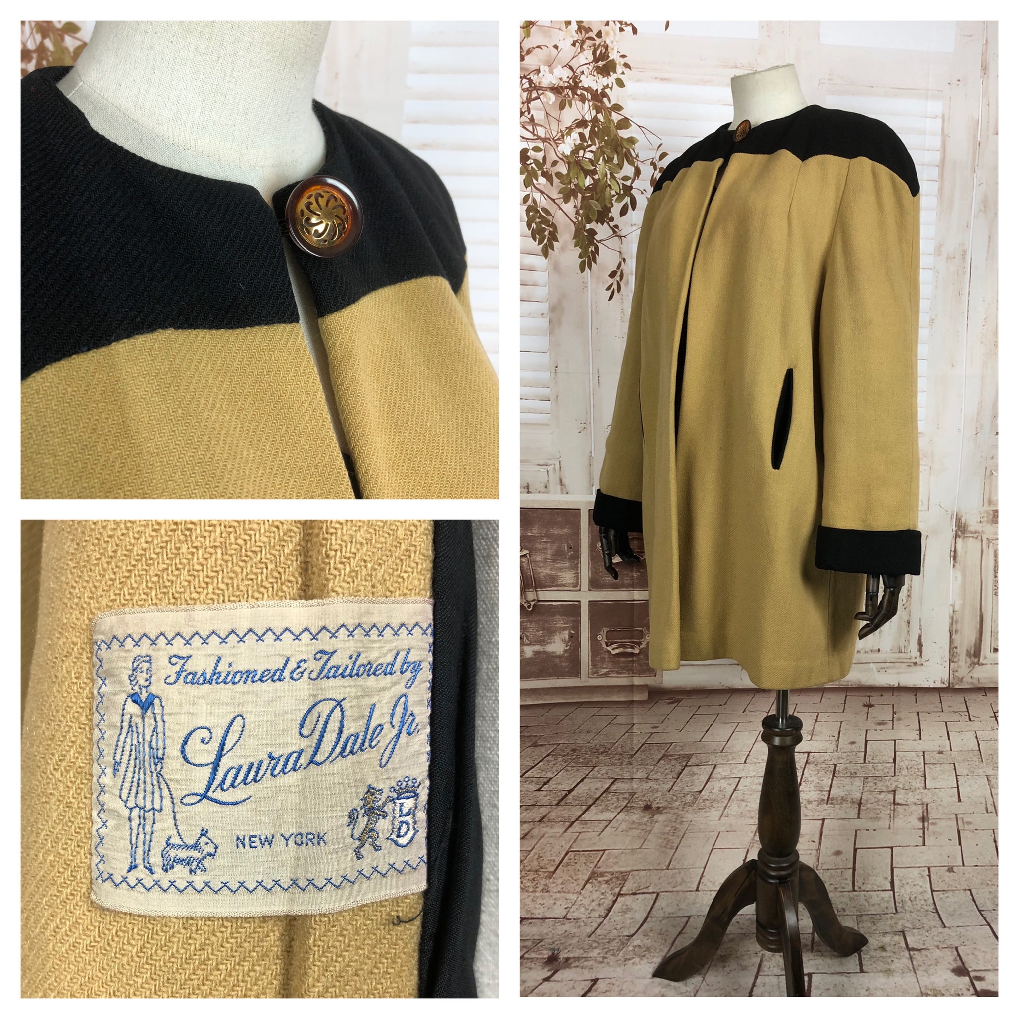 LAYAWAY PAYMENT 2 OF 2 - RESERVED FOR GILDA - Original 1940s 40s Vintage Mustard Yellow And Black Colour Block Coat