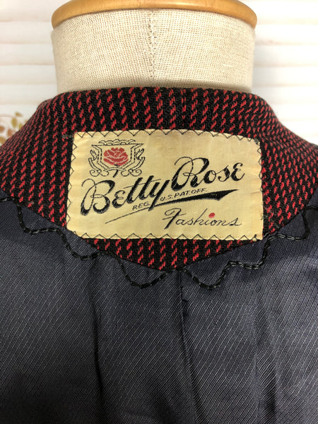 Fabulous Original 1940s Vintage Red And Black Belted Striped Blazer By Betty Rose
