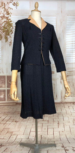 Unusual Original 1940s Vintage Double Breasted Navy Blue Boucle Suit