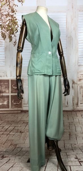 Amazing Rare Original 1940s 40s Seafoam Slack Pant Suit