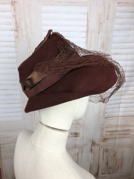 Original 1940s 40s Vintage Chocolate Brown Fedora Hat With Veil