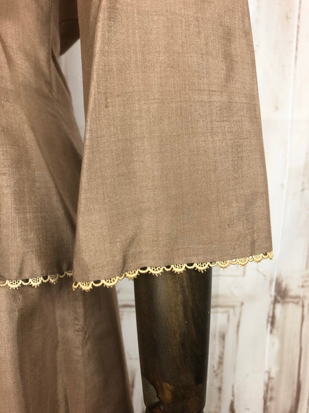 Original 1940s 40s Vintage Sand Coloured Silk New Look Skirt Suit With Lace Trim