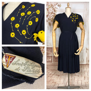 LAYAWAY PAYMENT 1 OF 2 - RESERVED FOR ELLIE - Wonderful Original 1940s Vintage Navy Blue French Dress With Mustard Yellow Daisy Appliqués