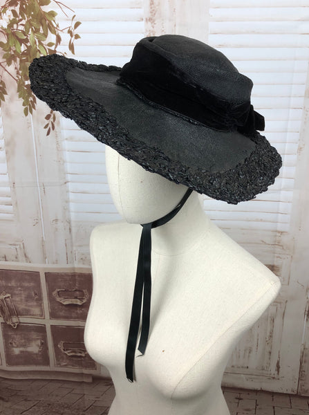 Original 1930s 30s Black Straw And Velvet Wide Brim Hat