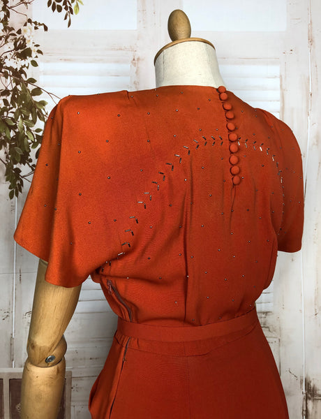 Exceptional Original Late 1930s / Early 1940s Orange Studded Cocktail Dress With Keyhole Detail