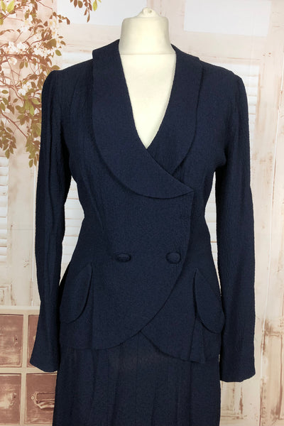 Original 1930s 30s Vintage Navy Blue Textured Crepe Skirt Suit