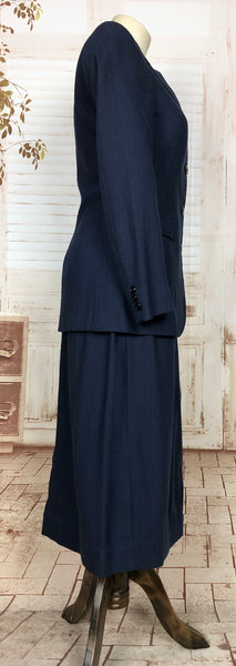 Wonderful Original 1940s Vintage Navy Blue Chalk Stripe Skirt Suit
