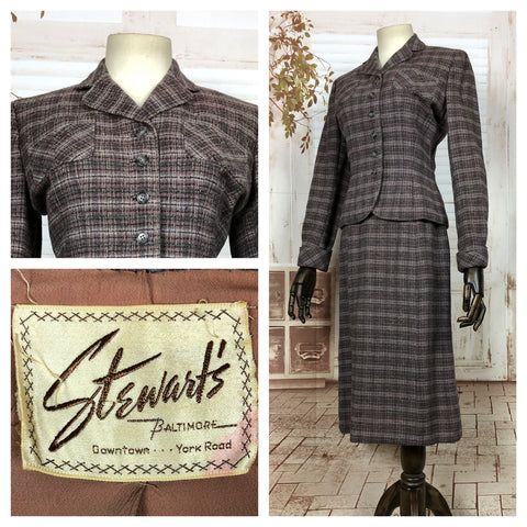 Original 1940s 40s Vintage Brown And Lilac Plaid Skirt Suit By Stewart’s