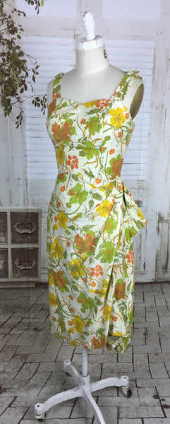 Original 1950s 50s Vintage Hawaiian Style Polished Cotton Dress With Sarong Skirt White And Gold Flowers By Smart Mills Miami