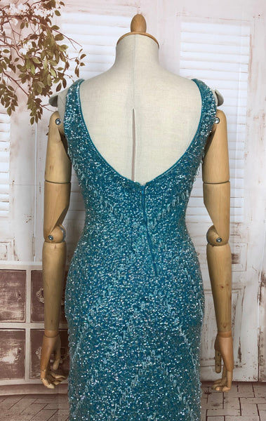 LAYAWAY PAYMENT 1 OF 5 - RESERVED FOR LINDSAY - Exceptional Original 1950s Vintage Fully Beaded Turquoise Gown Hollywood Dress Unlabelled Gene Shelly