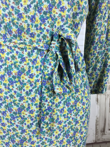 Original 1940s Vintage Volup Floral Blue Yellow Green Print Rayon Crepe Dress With Tie Belt