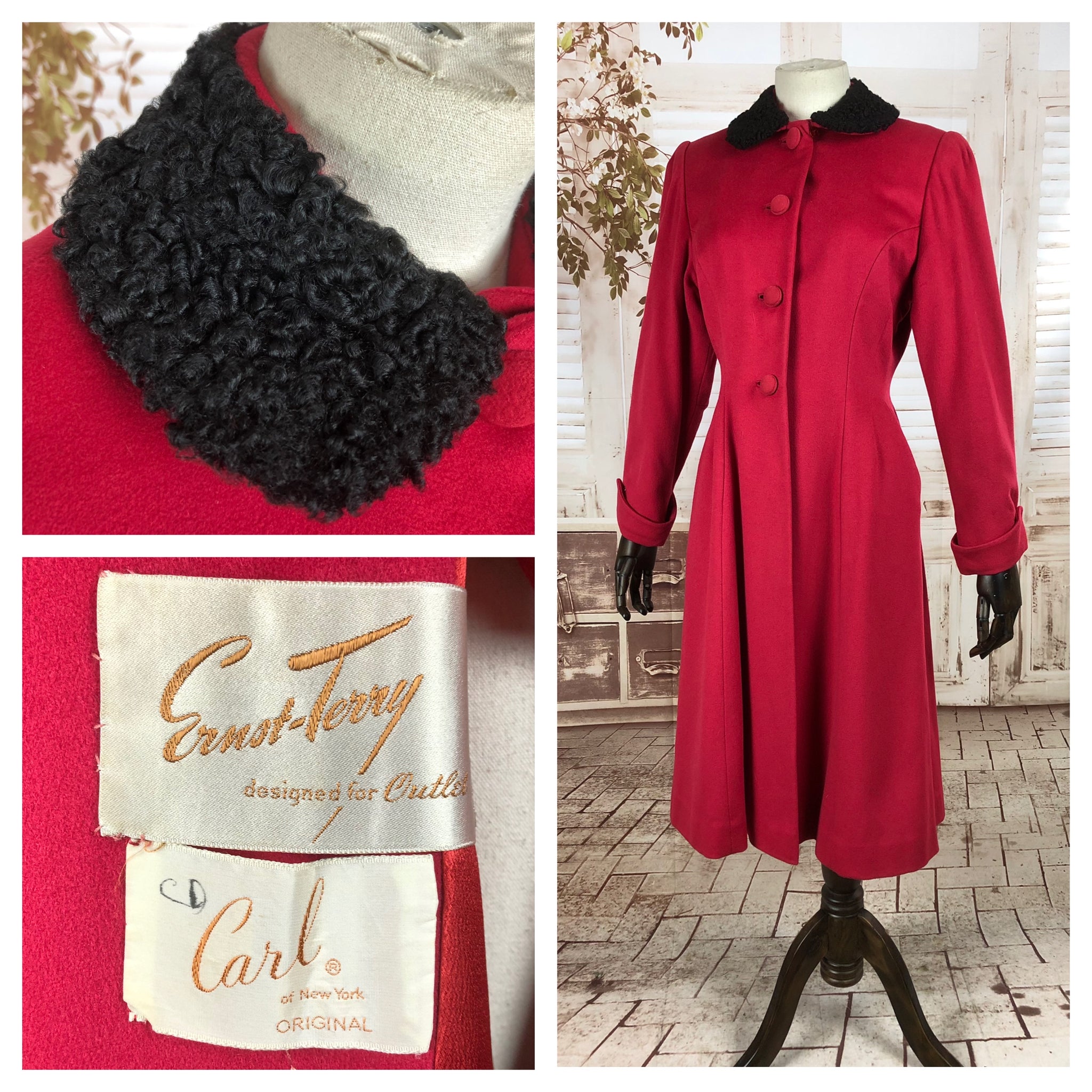 Original 1940s 40s Vintage Red Princess Coat With Astrakhan Collar By Carl New York