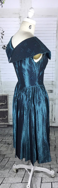 Original Vintage 1950s 50s Electric Blue Oversized Shoulder Collar Cocktail Dress