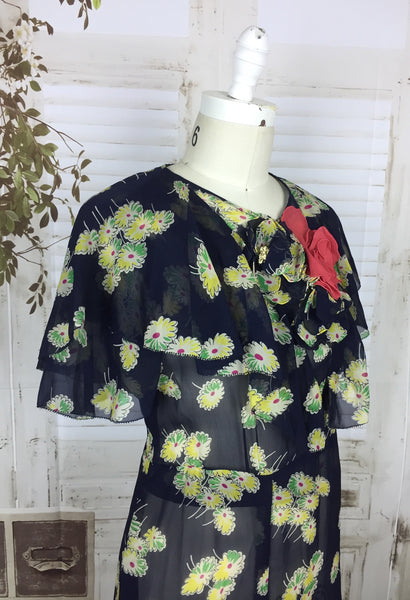 LAYAWAY PAYMENT 2 OF 2 - RESERVED FOR MICHELE - Original 1930s Navy Blue Chiffon Dress With Yellow Flowers And Cape Back