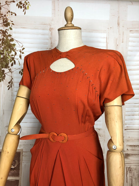 Exceptional Original Late 1930s / Early 1940s Orange Studded Cocktail Dress With Keyhole Detail