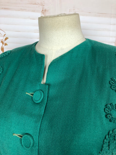 Incredibly Vibrant Original 1940s 40s Vintage Emerald Green Soutache Dress