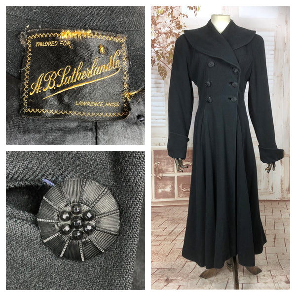 Superb Original 1940s 40s Black Wool Princess Coat With Gorgeous Buttons