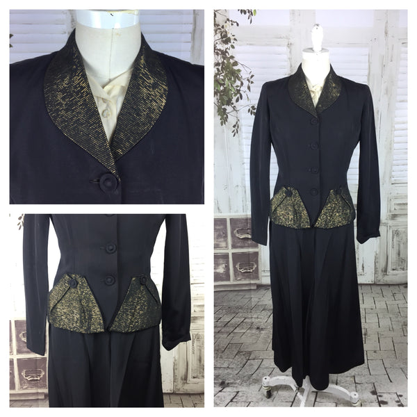 Original 1940s Black Faille Vintage Skirt Suit With Gold Lurex Collar And Pockets