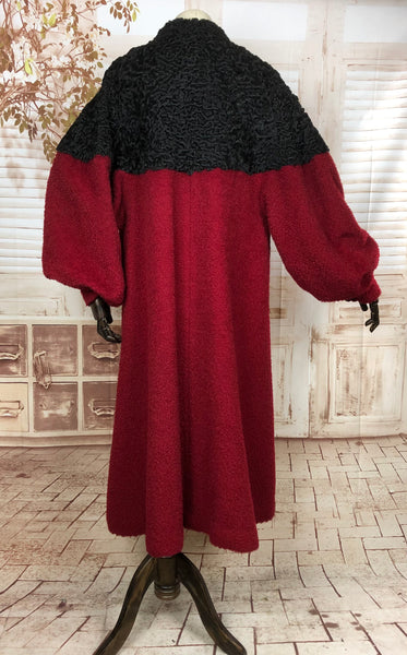 Fabulous Original Early 1950s 50s Volup Vintage Red Boucle And Astrakhan Statement Coat With Huge Bishop Sleeves