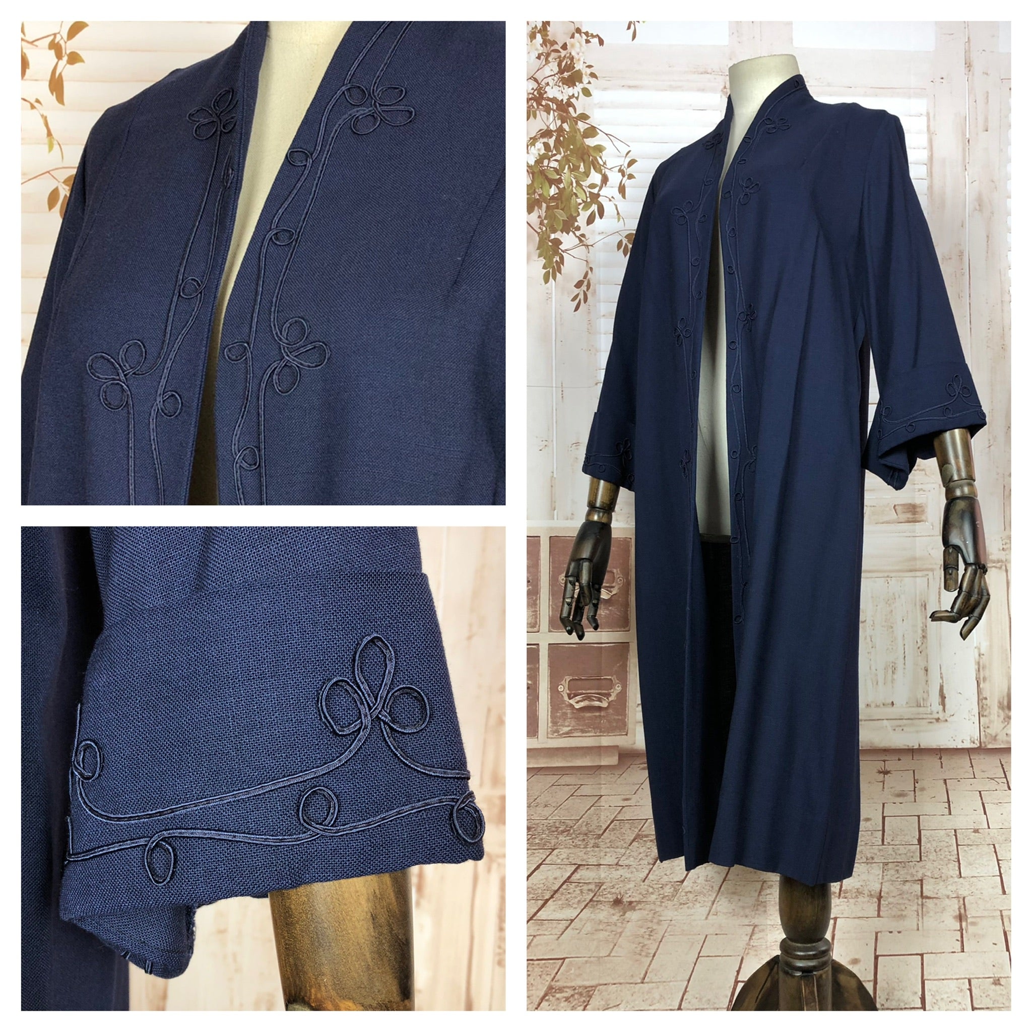 Fabulous Lightweight Late 1940s 40s / Early 1950s 50s Vintage Blue Clutch Coat With Soutache Embroidery