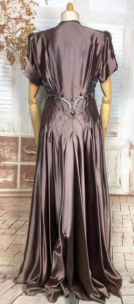 Incredible Original 1940s Vintage Beaded And Sequinned Mauve Liquid Satin Evening Dress With Matching Handbag