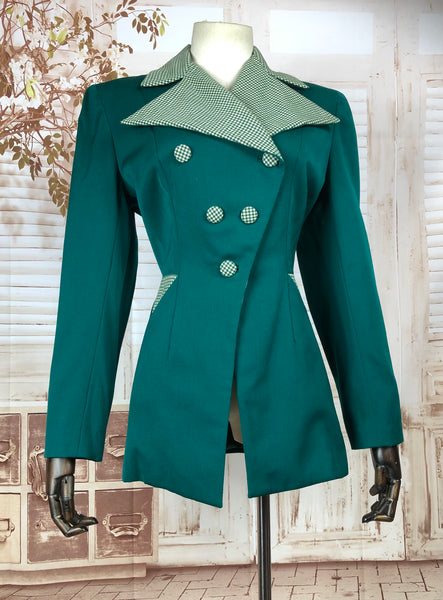 Incredible Original 1940s 40s Vintage Emerald Green Blazer With Gingham Details