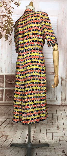 Beautiful Original Late 1930s / Early 1940s Silk Dress With Red Yellow and Blue Stripes