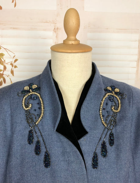 Fabulous Original Late 1940s Volup Vintage Steel Blue Beaded Skirt Suit