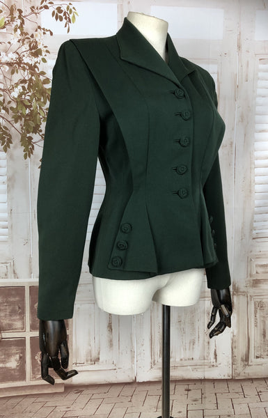 Stunning Original 1940s 40s Vintage Forest Green Gabardine Blazer With Fabulous Button Details