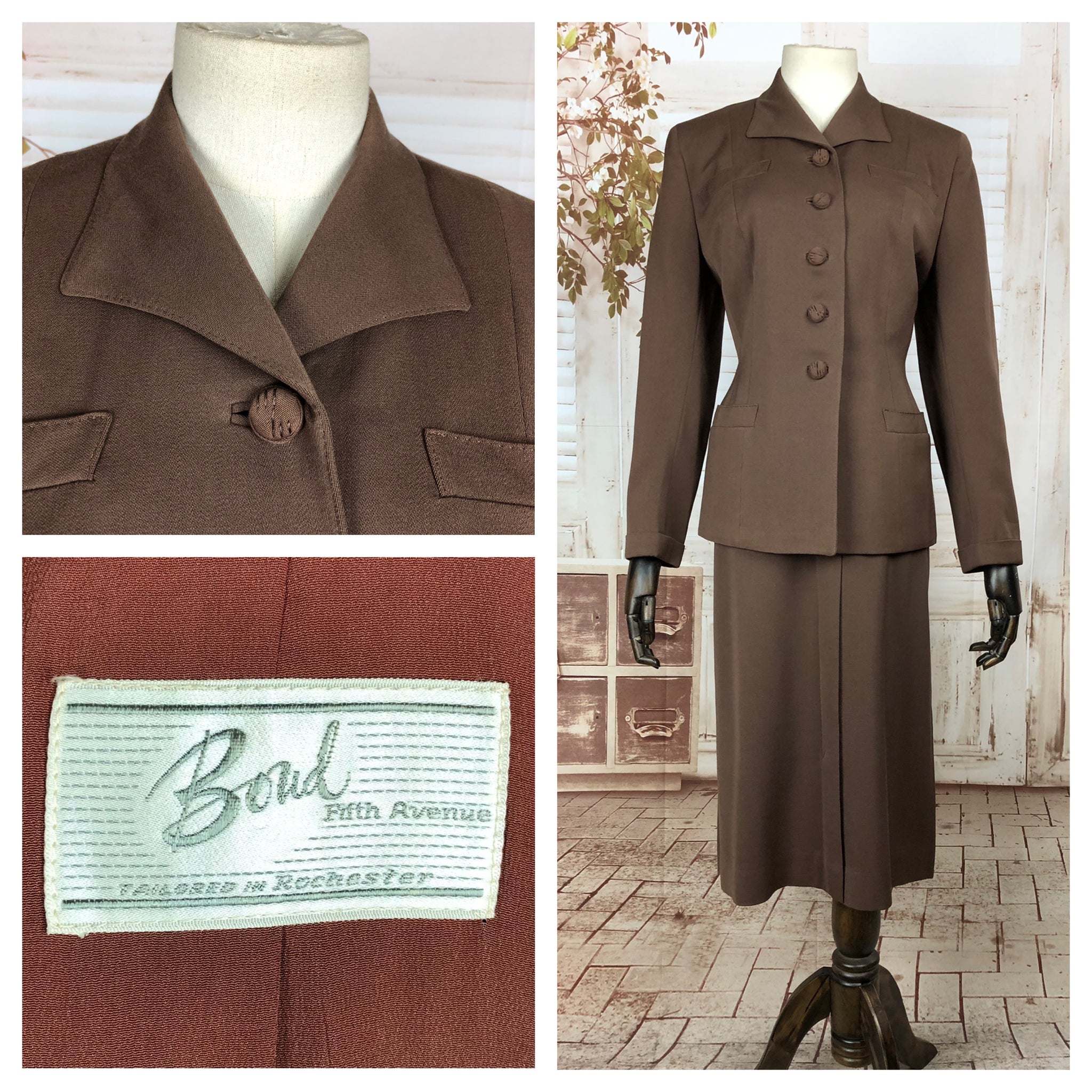 Original 1940s 40s Vintage Brown Gabardine Suit By Bond Fifth Avenue