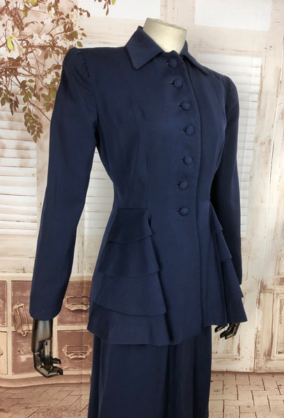 Incredible Original Vintage 1940s 40s Navy Blue Tiered Gabardine Suit