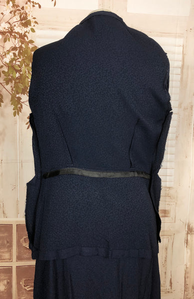 Original 1930s 30s Vintage Navy Blue Textured Crepe Skirt Suit