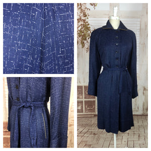 LAYAWAY PAYMENT 1 OF 2 - RESERVED FOR HOLLY - PLEASE DO NOT PURCHASE - Original 1940s 40s Volup Vintage Blue And White Atomic Fleck Belted Gabardine Coat