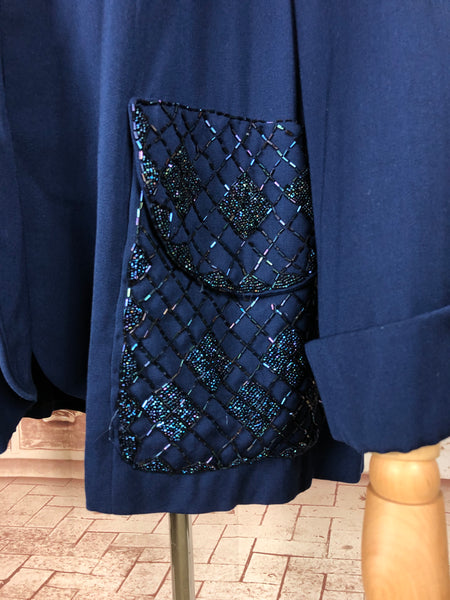 Incredible Original 1940s Volup Vintage Blue Gabardine Swing Coat With Beaded Pockets